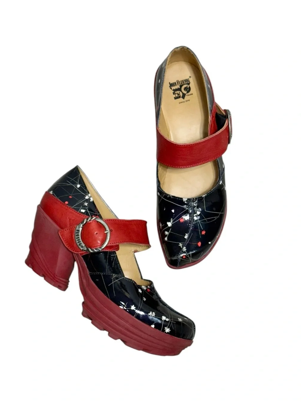 John Fluevog Mellow Sonata Platform Mary Jane Black Red Floral Print 10/10.5
